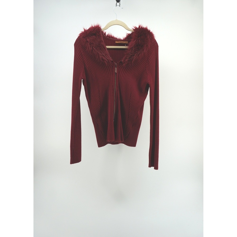 Bellidini Faux Fur Collar Zip‎ Up Ribbed Cardigan Y2K Mobwife Burgundy L